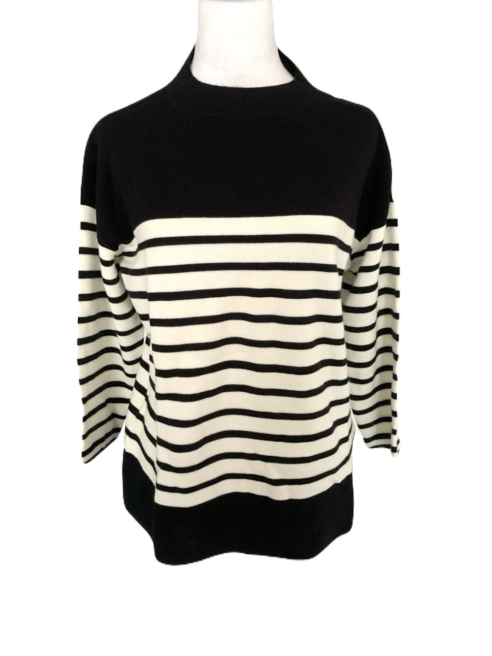 NWT Talbots MP Black & White Striped Crewneck Sweater Pearl Shoulder Detail